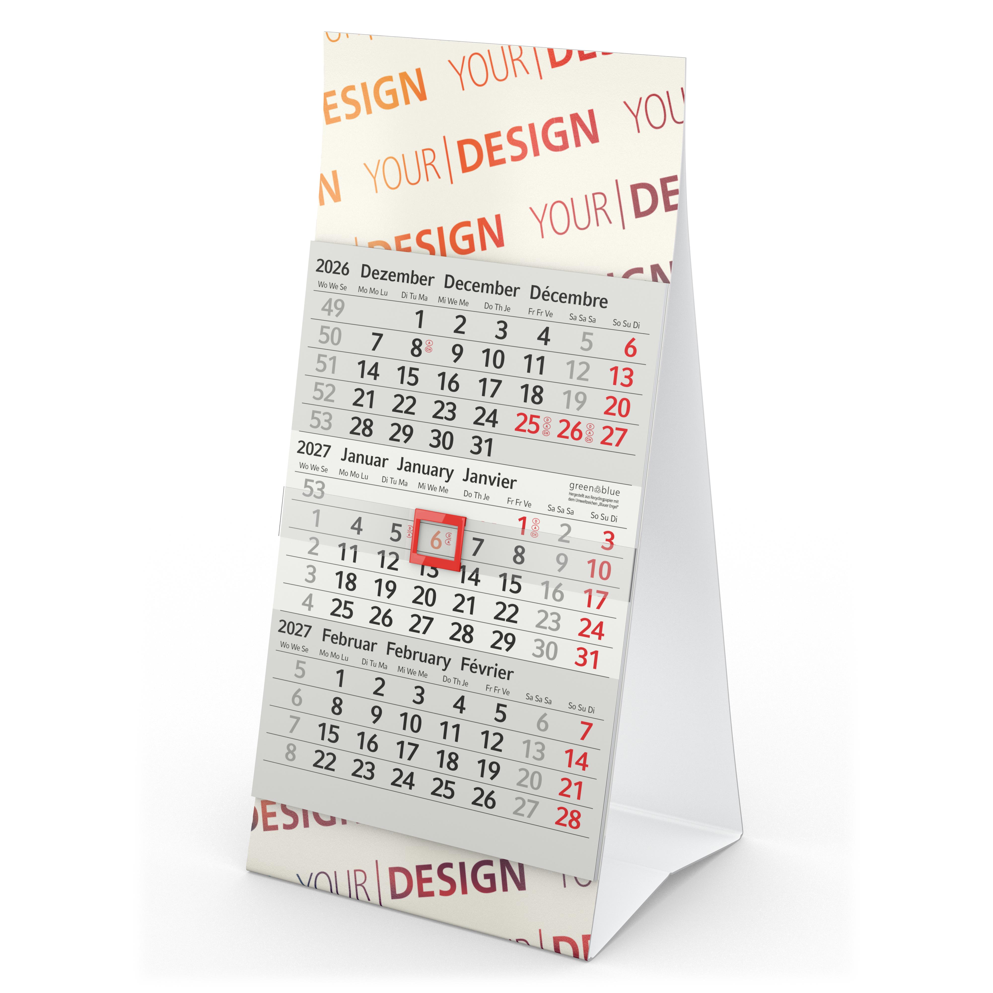 Tischkalender Mini 3 RECYCLING Karton-Dachaufsteller