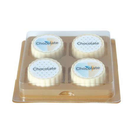 Logo-Praline aus wei�er Schokolade mit Haselnuss